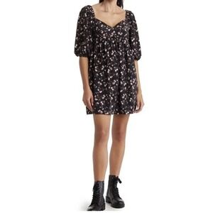 WAYF Floral Babydoll Dress Black & Pink Peasant Sweetheart Mini Cottagecore